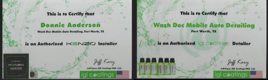 Wash Doc Auto Detailing and Donnie (CEO) are certified by Kenzo and IGL Coatings