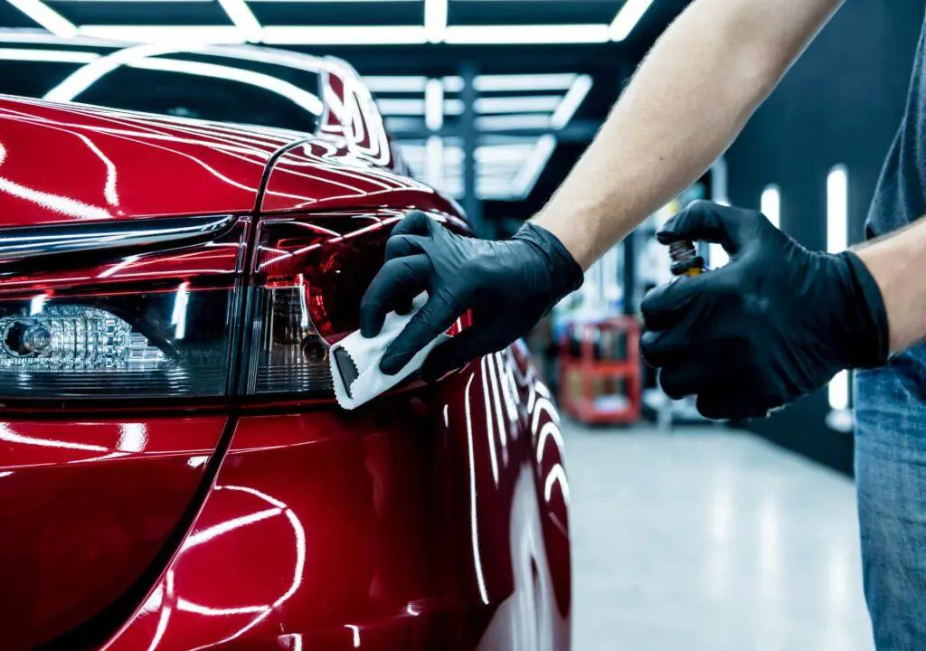 Car service worker applying nano coating on a car detail